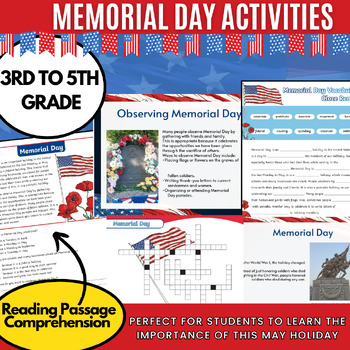 Preview of memorial day activities 3rd 4th 5th Grade,Comprehension & Writing & puzzles