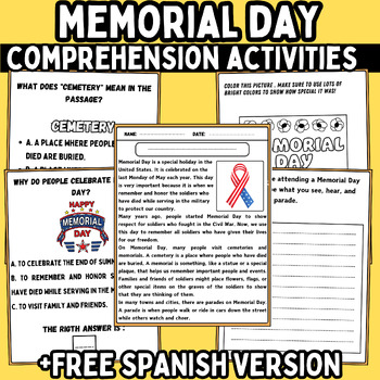 Preview of memorial day moral values Comprehension Passage activities + free spanish
