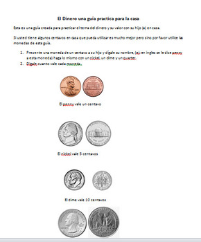 Preview of money worksheet for Spanish Speaking kids