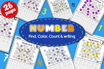 Preview of Number Recognition Worksheets 1-25, Find Color & Count, Numbers Writing Practice
