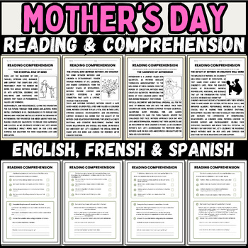 Preview of mother's day english, frensh & spanish Reading Comprehension Passages bundle