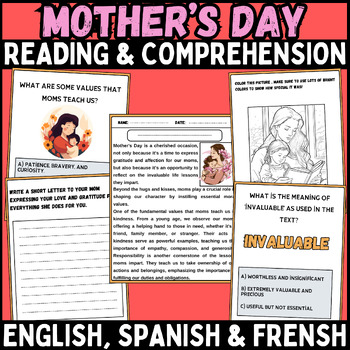 Preview of mother's day english, spanish & frensh moral values Comprehension Passage bundle