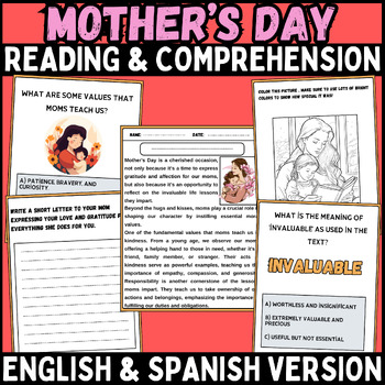 Preview of mother's day english & spanish moral values Comprehension Passage bundle