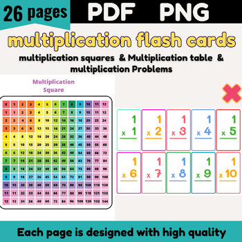Preview of multiplication flash cards printable to 12 and multiplication squares,chart