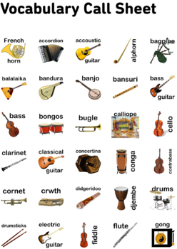 musical instruments bingo 7x7 (5 pages + call sheet) by Teacherbingo