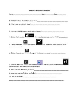 Preview of myOn Tools and Functions Worksheet 6th-8th