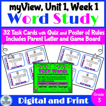 Preview of myView 3rd Grade Unit 1 Week 1 Word Study Spelling VCCV Words Task Cards