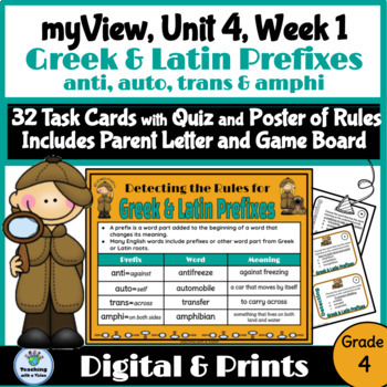Preview of myView 4th Grade Unit 4 Week1 Word Study Spelling Prefixes ANTI AUTO TRANS AMPHI