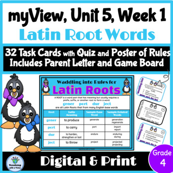 Preview of myView 4th Grade Unit 5 Week 1 Word Study Spelling Latin Roots Task Cards