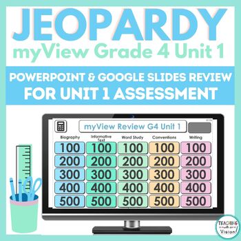 Preview of myView 4th Grade Unit 1 Jeopardy Game Assessment Prep Google Slides & Powerpoint
