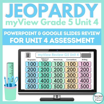 Preview of myView 5th Grade Unit 4 Jeopardy Game Assessment Prep Google Slides & Powerpoint