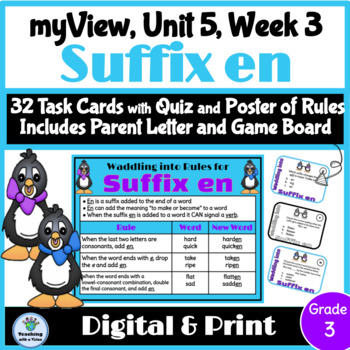 Preview of myView Unit 5 W3 3rd Grade Spelling Word Study Task Cards Quiz Parent Ltr.