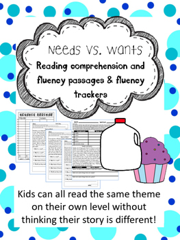 Preview of needs and wants fluency and comprehension leveled passages