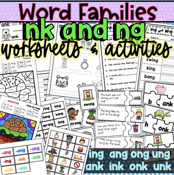 Preview of ng and nk Ending Worksheets Word Families ing, ang, ong, ung, ank, ink, onk, unk