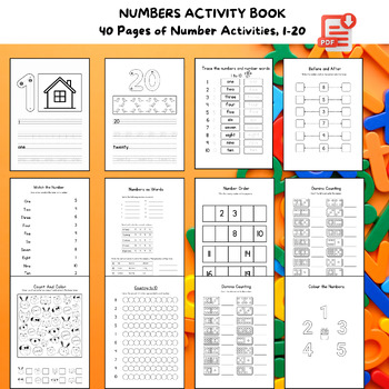 Preview of number activity book, learn numbers 1-20, math worksheets, preschool kinder