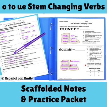 Preview of o to ue Stem Changing Verbs Scaffolded Notes & Practice Worksheet Activities