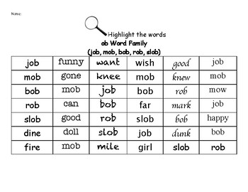 Preview of ob Word Family - Find the Words Worksheets