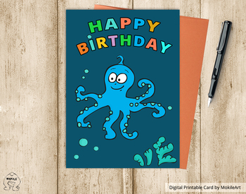 Preview of octopus birthday card- printable file - Birthday card - Ready to print