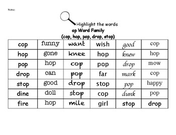 Preview of op Word Family - Find the Words Worksheets