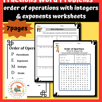 Preview of Fall math activities:order of operations with integers & exponents worksheets