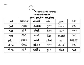 Preview of ot Word Family - Find the Words Worksheets