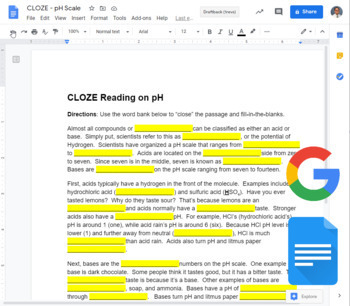 Preview of pH Scale - CLOZE Passage in Google Docs | REMOTE LEARNING