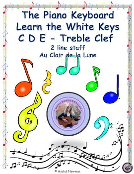 Preview of piano - au clair de la lune - white keys - C D E - 2 line staff