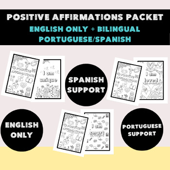 Preview of positive affirmations coloring dual ESL EL newcomer bilingual Portuguese Spanish