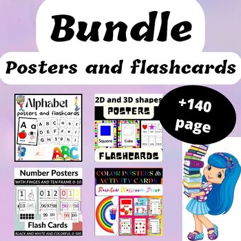 Preview of posters and flashcards bundle numbers shape color alphabet classroom decor