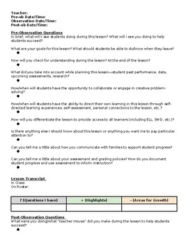 Preview of Pre & post Observation Template of questions & notes(editable&fillable resource)
