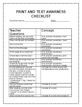 Preview of print and text awareness checklist - assessment
