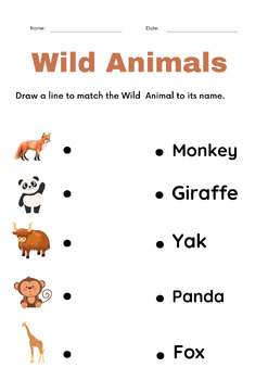 printable matching wild animals worksheets for kindergarten | TPT