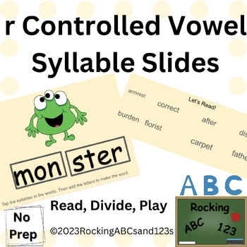 Preview of r Controlled Vowel Syllable Slideshow: bossy r syllable: Read, Divide, Play