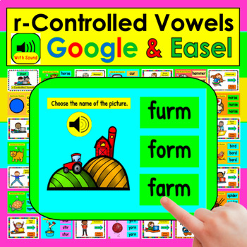 Preview of r-Controlled Vowels Game Google Slides Self-Checking With Sound & Easel Assessmt