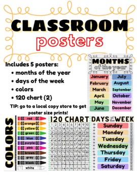 rainbow colors classroom posters - ready to print - months, days