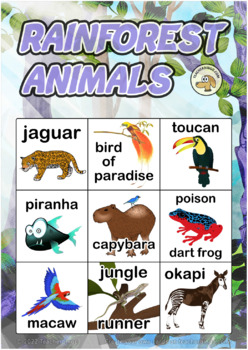 rainforest / jungle animals bingo (3x3, 100 pages + call sheet) by  Teacherbingo