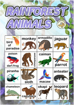 Preview of rainforest / jungle animals bingo (4x4, 100 pages + call sheet)