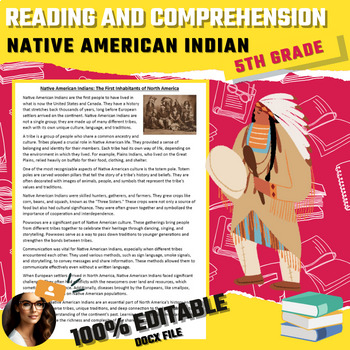 Preview of reading comprehension Native American Indian digital ressources for 5th grade