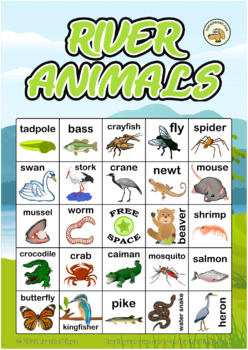 river animals bingo (5x5, 100 pages + call sheet) by Teacherbingo
