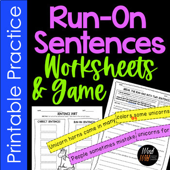 Preview of Run on sentence Fix The Sentence worksheets, game, and quiz print and digital