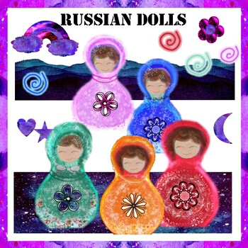 Preview of Russian Dolls Babushka Watercolour ClipArt {Galaxy Babushkas and Backgrounds}