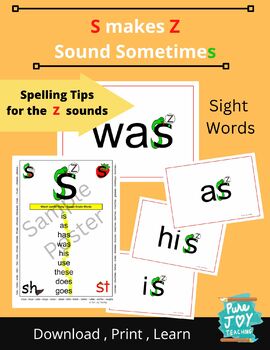 Preview of s makes the z sound Sleepy Snake Picture with Sight Word List - Mnemonic Cards