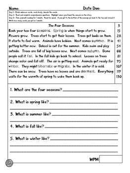 seasons fluency and comprehension leveled passages by Second Goodies