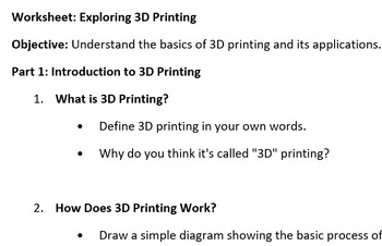 Preview of session 1 - ages 11-14 - exploring 3D printing worksheet