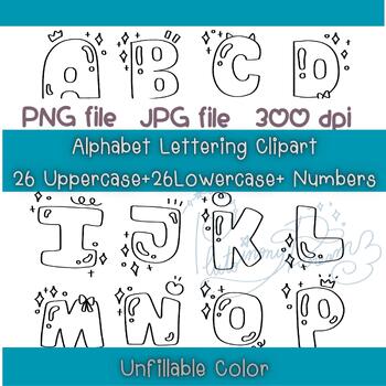 Preview of set of alphabet and number cute clipart outline for kids coloring page