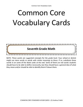 Preview of seventh grade common core standards vocabulary cards Math ELA