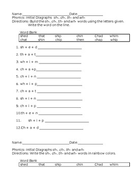 Preview of sh- th- wh- ch-  Phonics Spelling Pattern Worksheets ELA Activities