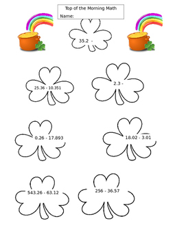 Preview of shamrock subtracting decimals