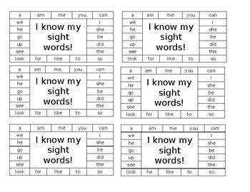 Preview of sight word punch cards