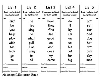 Preview of Sight Word  Spelling Word Master List